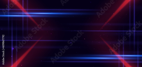 Abstract technology futuristic glowing neon blue and red light lines with speed motion movingon dark blue background.