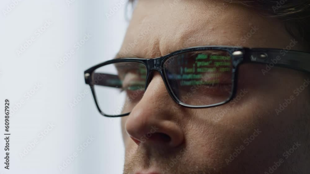 Software developer glasses reflecting terminal code closeup. It man hacker work Software developer glasses reflecting terminal code closeup. It man hacker work