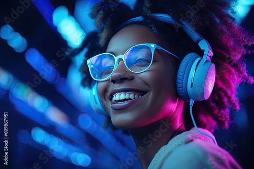 Wallpaper Mural Cool fashion funky African American young mixed race hipster woman wears trendy glasses headphones listening dance music stands in red neon sign night club light. 80s 90s gen z retro style party Torontodigital.ca