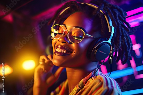 Cool fashion funky African American young mixed race hipster woman wears trendy glasses headphones listening dance music stands in red neon sign night club light. 80s 90s gen z retro style party © PapatoniC