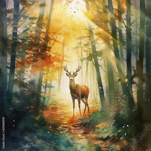 watercolor deer in autumn Generative Ai © rainbowevolve