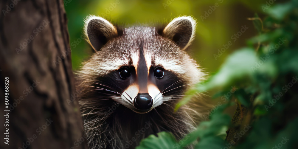 Wild raccoon in the forest. Procyon lotor. Generative AI