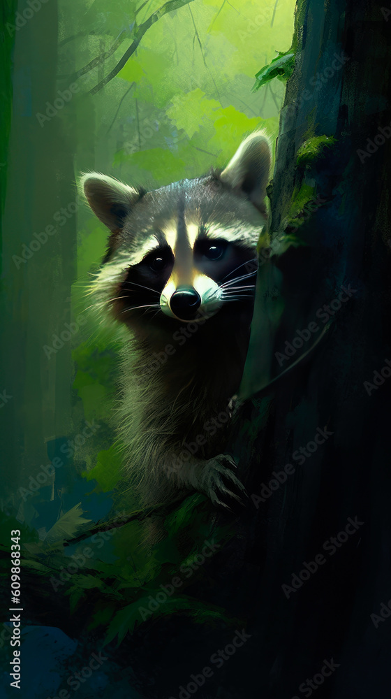 Fototapeta premium Wild raccoon in the forest. Procyon lotor. Generative AI
