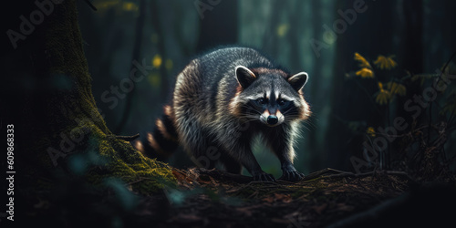 Wild raccoon in the forest. Procyon lotor. Generative AI © Farnaces