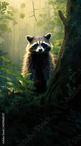 Wild raccoon in the forest. Procyon lotor. Generative AI