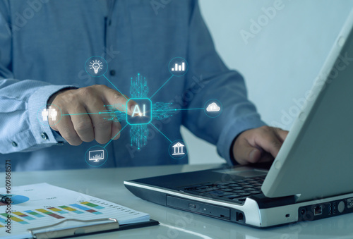 AI, machine learning, businessman hand touching virtual reality icon AI, banking investment, artificial intelligence technology, futuristic innovation. Global network connection. chatbot, AI concept.