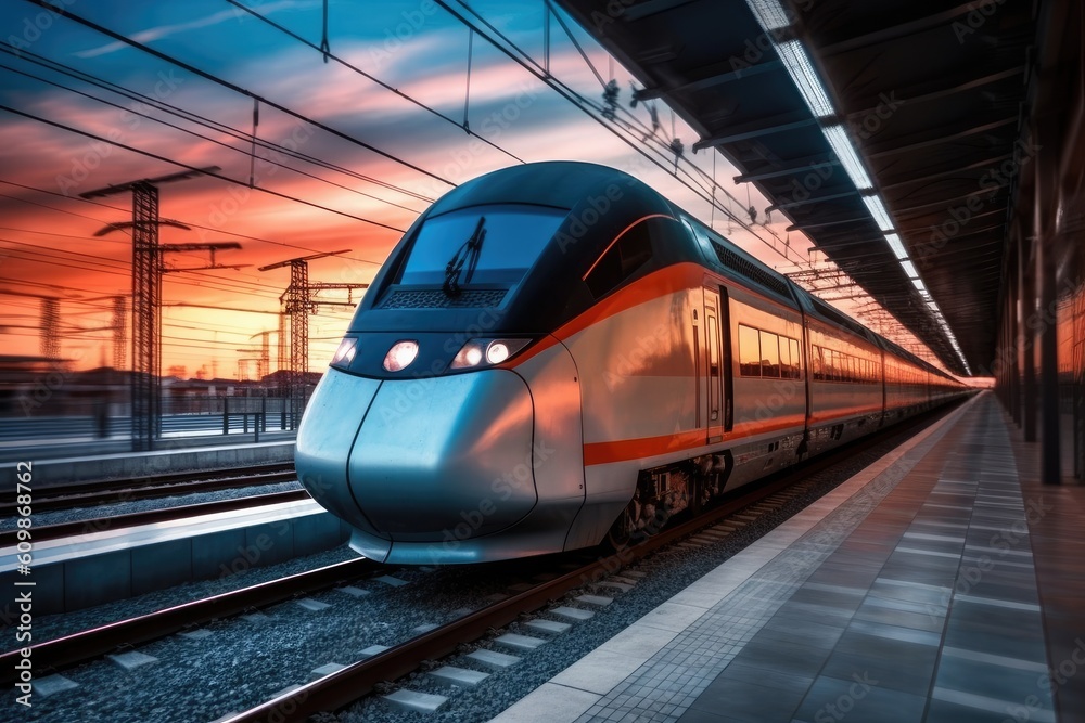 Fototapeta premium High speed train with motion blur on the railway at sunset, Generative AI
