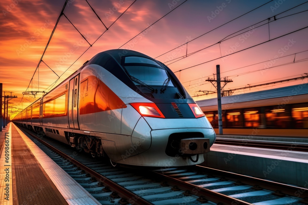 Fototapeta premium High speed train with motion blur on the railway at sunset, Generative AI