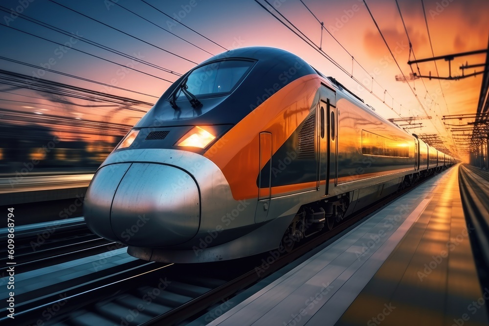 High speed train with motion blur on the railway at sunset, Generative AI