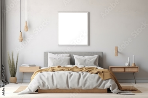 mock-up wall decor frame is hanging in bedroom  Generative AI
