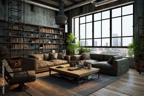 Living room interior in loft, industrial style, Generative AI