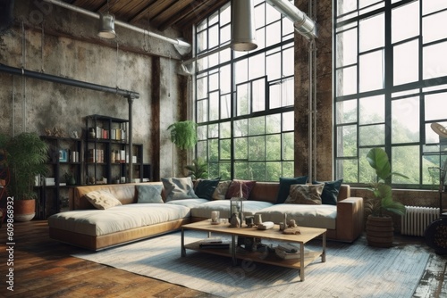 Living room interior in loft  industrial style   Generative AI