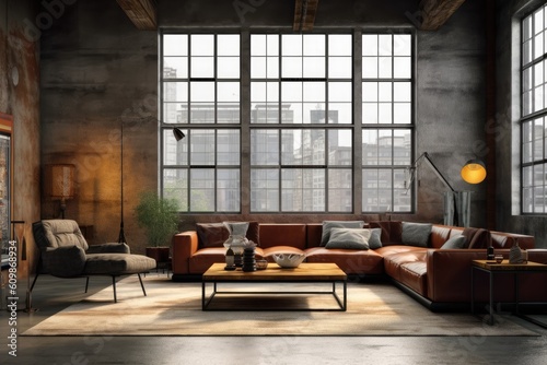 Living room interior in loft  industrial style   Generative AI
