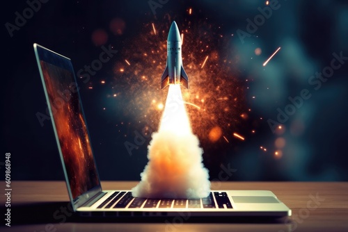 Startup concept with rocket flying out of laptop screen, Generative AI