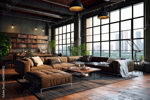 Living room interior in loft  industrial style   Generative AI