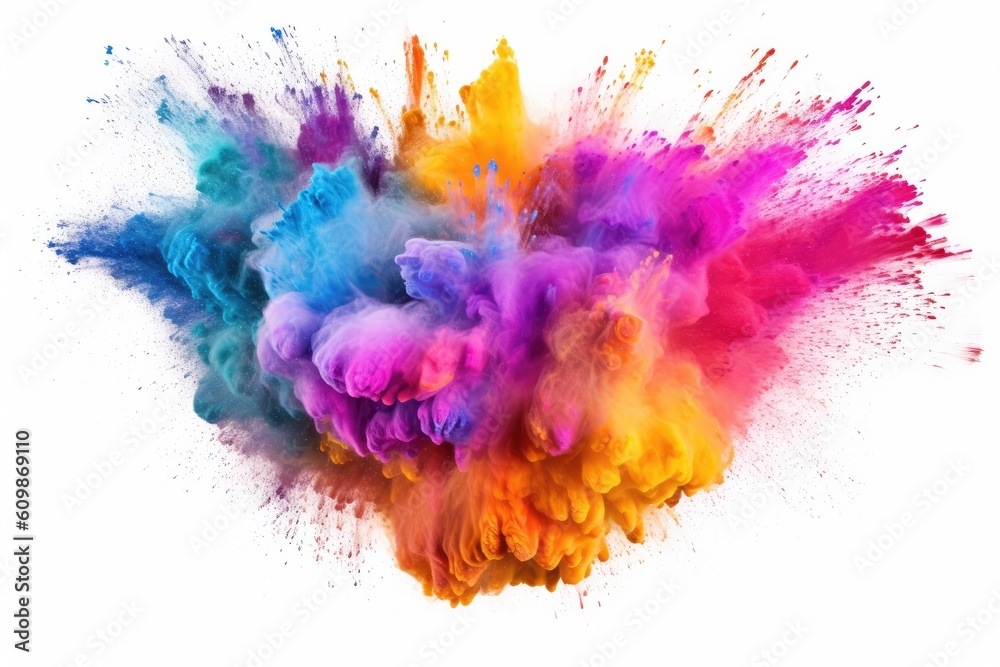 Multicolor explosion of holi powder isolated on white background. Generative AI Multicolor explosion of holi powder isolated on white background. Generative AI