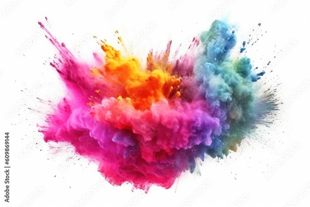 Multicolor explosion of holi powder isolated on white background. Generative AI