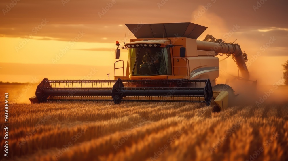 Fototapeta premium combine harvester at sunset