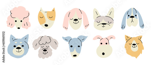 Fototapeta Naklejka Na Ścianę i Meble -  Cute and smile dog heads doodle vector set. Comic happy dog faces character design of different dog breed with flat color isolated on white background. Design illustration for sticker, comic, print.