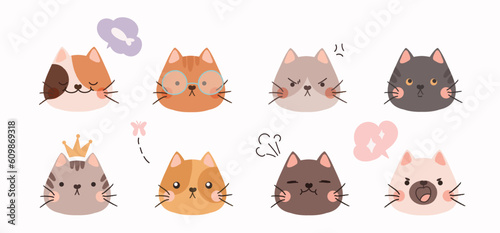 Cute and smile cat heads doodle vector set. Comic happy cat faces character with different cat breed, speech bubbles, crown in flat color  Design illustration for sticker, cover, prints, decor.