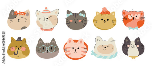Cute and smile cat heads doodle vector set. Comic happy cat faces character with glasses, crown, different accessories, hat in flat color. Cute pet illustration design for sticker, comic, print.