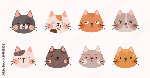 Cute and smile cat heads doodle vector set. Comic happy cat faces character with different cat breed glasses, emotion, happy, angry in flat color. Design illustration for sticker, comic, print.