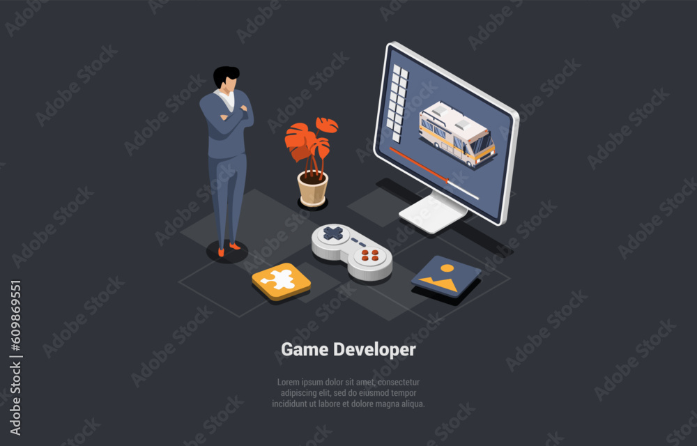 Game Development Concept. GameDev In Process Of Create And Develop New ...