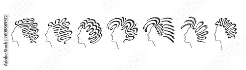 Set of female faces drawn by hand with doodles. Woman's profile with hair. Hair history. Suitable for barbershop design. Vector illustration.