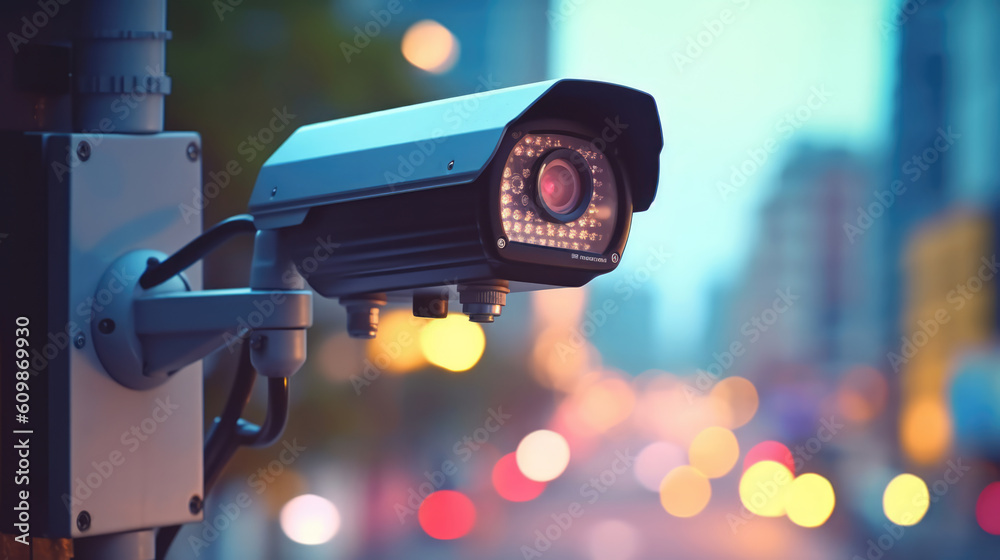 Professional surveillance camera with urban bokeh background. Professional surveillance camera with urban bokeh background.
