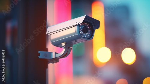 Professional surveillance camera with urban bokeh background. photo