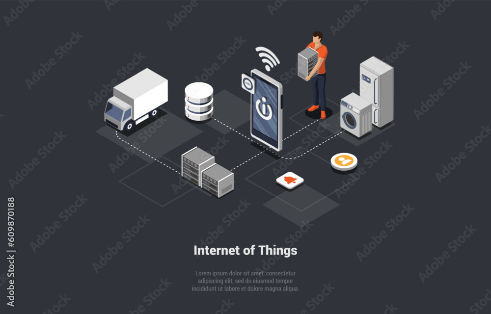 Concept Of Smart Home Technologies And Internet Of Things and Machine Interface. Man Male Character Controls of Loading Appliances Transportation Carrying By Truck. Isometric 3d Vector Illustration