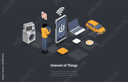 Smart Home Technologies And Internet Of Things and Machine Interface. Man Male Character Controls the Operation of Household Appliances And Car Using Tablet. Isometric 3d Cartoon Vector Illustration