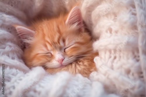 Cute little kitten sleeps on fur white blankets sofa, Generatie AI