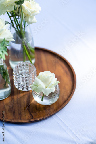 White-themed tabletop decoration concept for weddings.