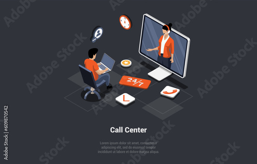 Concept Of Call Center, Technical Support 24 7. Hotline Operator Advise Customers. Man Call Technical Support Or Helpline 24 7 To Solve Problem Adout Service. Isometric 3d Cartoon Vector Illustration