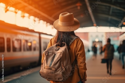 Young woman traveler with backpack in the train station, Generative AI