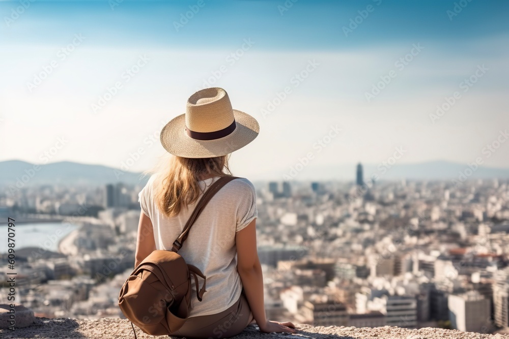 A young tourist woman sitting on top of the hill, looking at the city in the background. Ai generated.