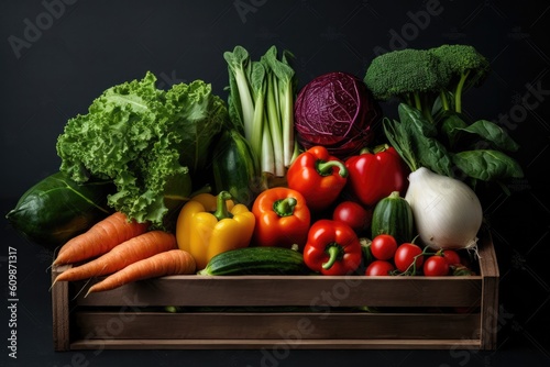 Fresh vegetables in wooden box on black background. Healthy food market concept. generative AI