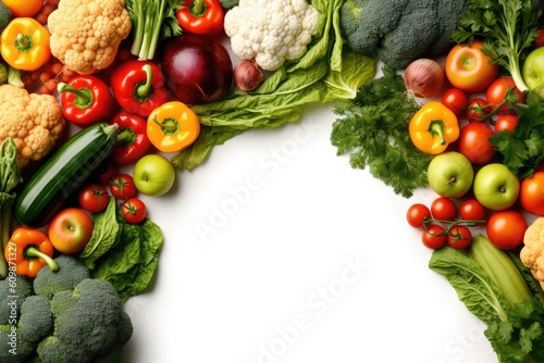 Composition with variety of fresh organic fruits and vegetables isolated on white background. Balanced and healthy food. Space for copy. generative AI