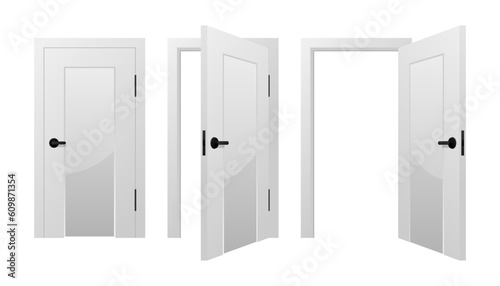 Fototapeta Naklejka Na Ścianę i Meble -  Open and closed white realistic door. Entrance realistic doorway isolated on white background. Facade of the house, estate, elegant castle and security of the premises. Vector illustration.