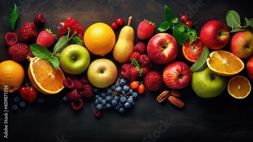 Fresh fruits and vegetables on a dark background. Healthy food concept. copy space. generative AI