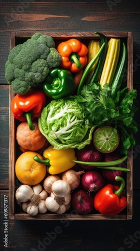 Fresh vegetables in a wooden box on a dark wooden background  top view. generative AI