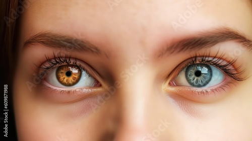 Close up woman face with different blue brown eyes colors, complete heterochromia iridum of human eyes close up look of female eyes view, complete heterochromia iridis of eyes, generative AI photo