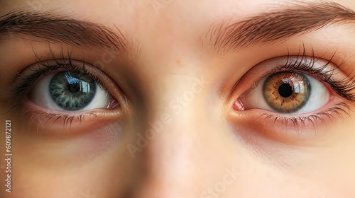 Close up woman face with different blue brown eyes colors, complete heterochromia iridum of human eyes close up look of female eyes view, complete heterochromia iridis of eyes, generative AI photo