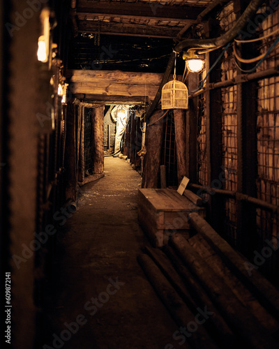 Old and creepy mineshaft hallway with dim light