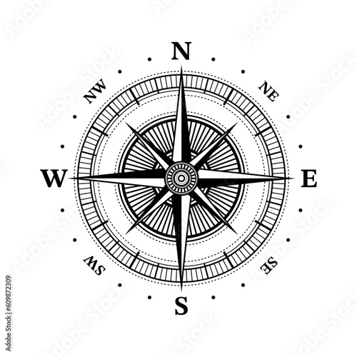 Compass Icon. Wind Rose. Travel guide symbol. Geographic tool. World nautical vintage star for mariners latitude and longitude navigation measurement equipment. Vector illustration.