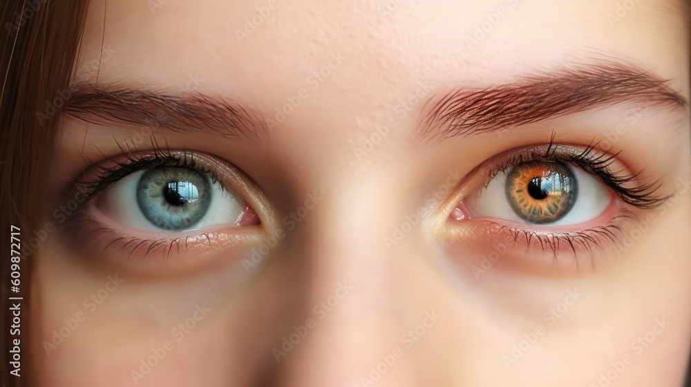 Close up woman face with different blue brown eyes colors, complete ...