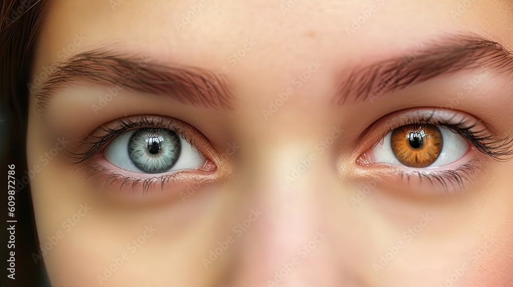 Close up woman face with different blue brown eyes colors, complete ...