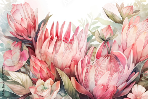 Tropical summer watercolor banner with protea and plants