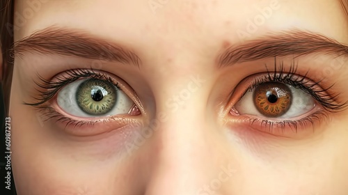 Close up woman face with different brown green eyes colors, complete heterochromia iridum of human eyes close up look of female eyes view, complete heterochromia iridis of eyes, generative AI photo